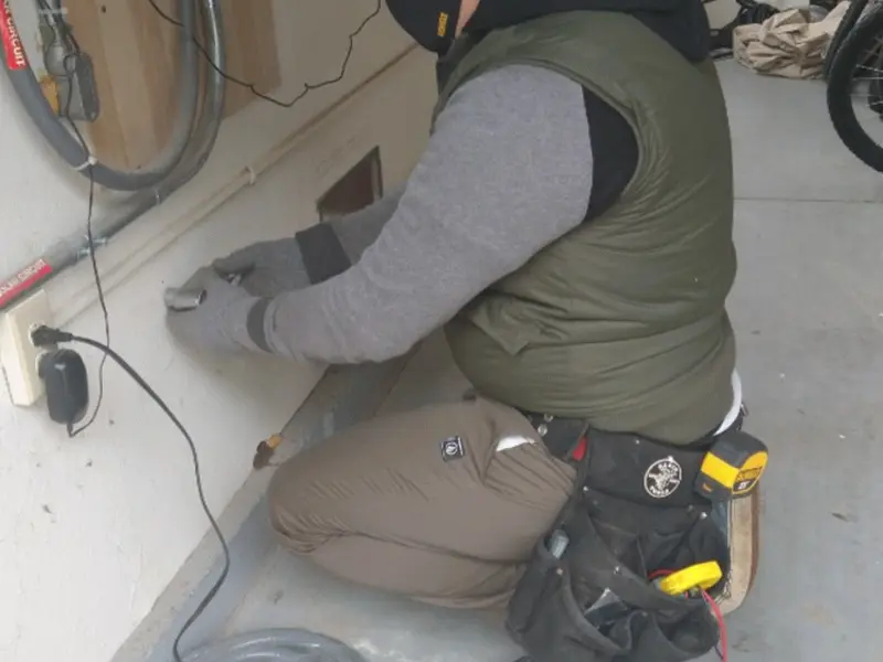 Electrician performing outlet wiring in a Arlington Heights garage